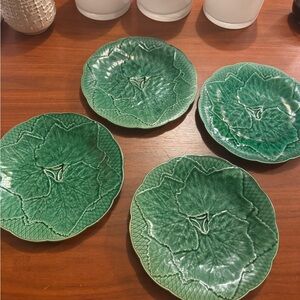 Beautiful Set of 4 Antique French Green Majolica Plates by Famous Gien Factory.